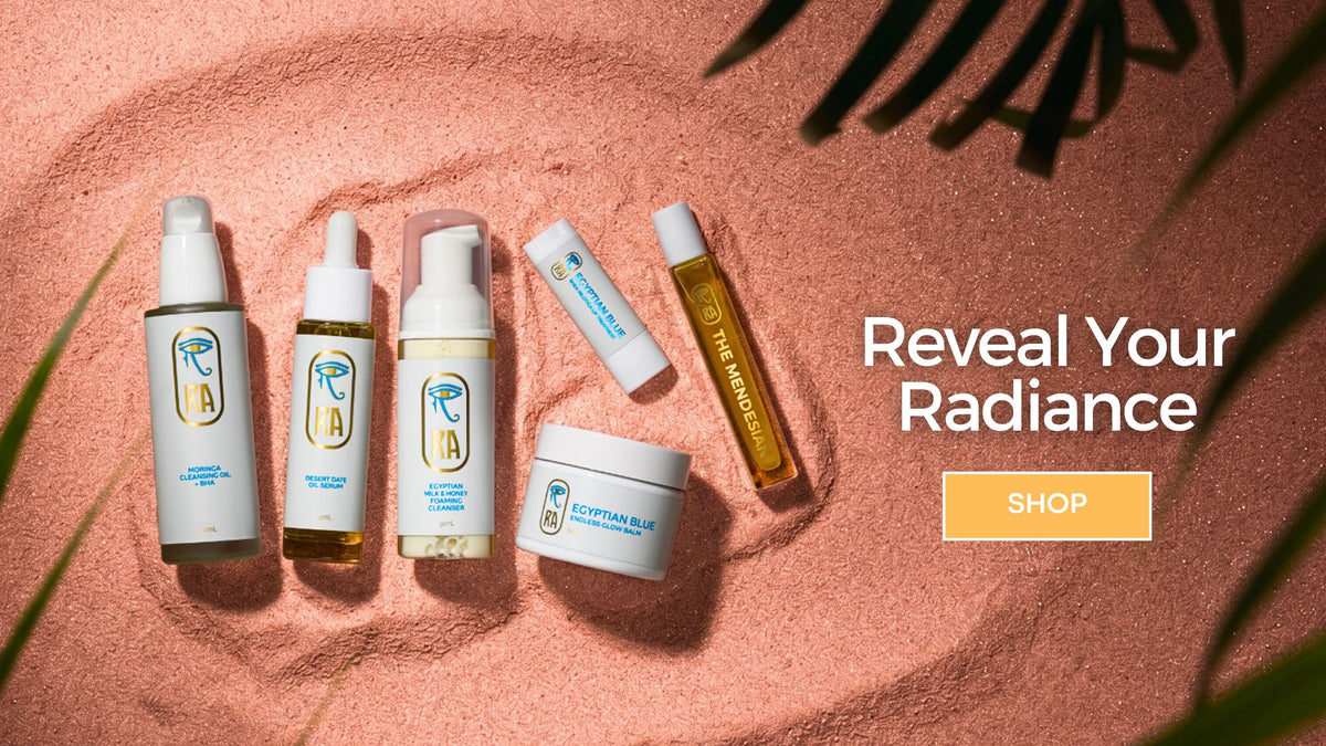 RA EGYPTIAN skincare arranged on a richly textured surface. Headline: Reveal Your Radiance.