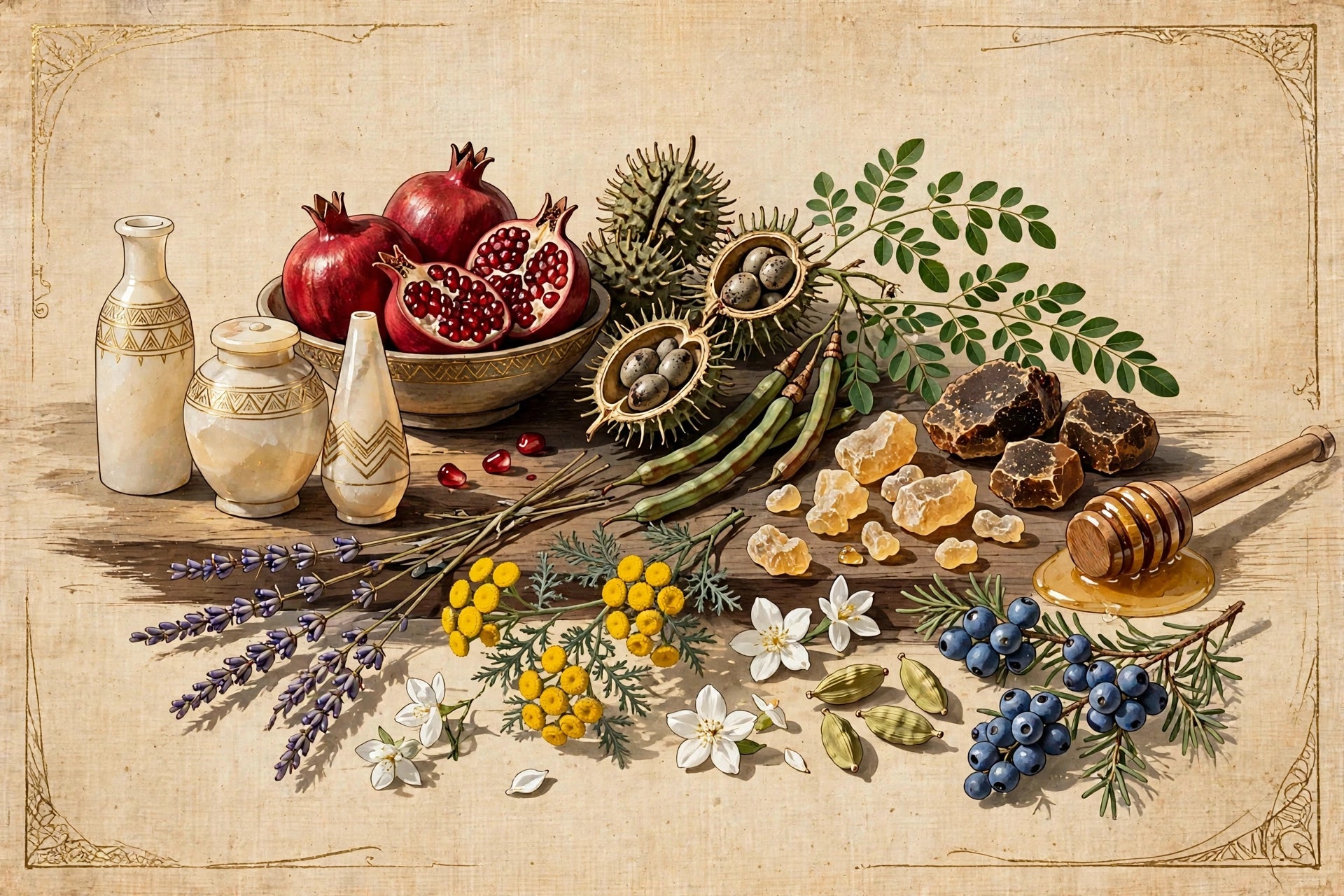 Botanical still life of RA EGYPTIAN ingredients: pomegranate, castor pods, moringa, frankincense and myrrh resins, honey, lavender, blue tansy, jasmine, cardamom and juniper.